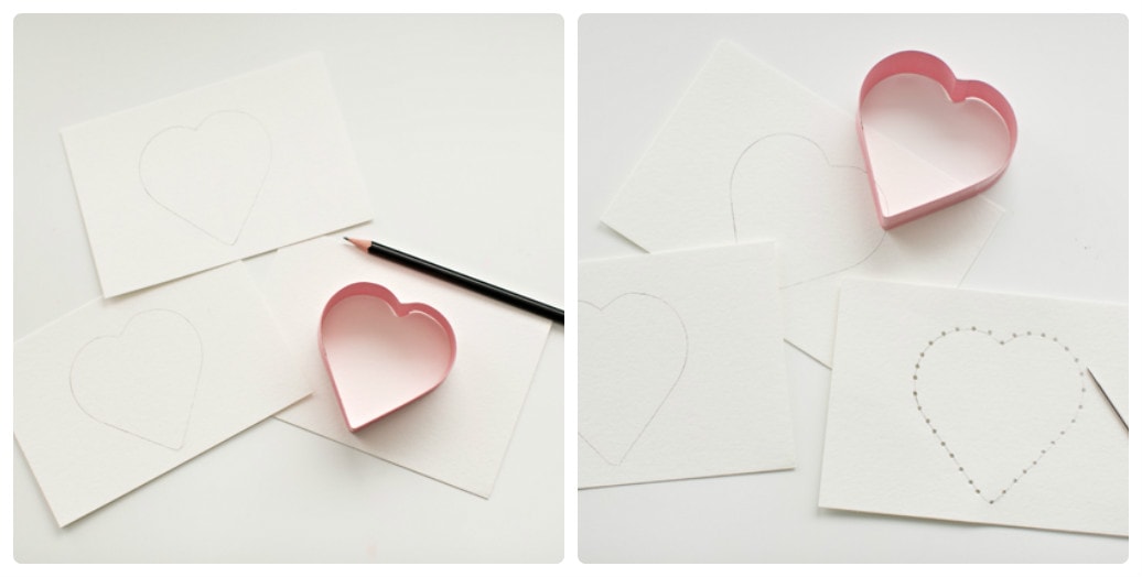 Для виготовлення такої листівки до Дня Святого Валентина нам будуть потрібні яскраві щільні нитки, голка, папір, шаблон сердечка, олівець, Стерк